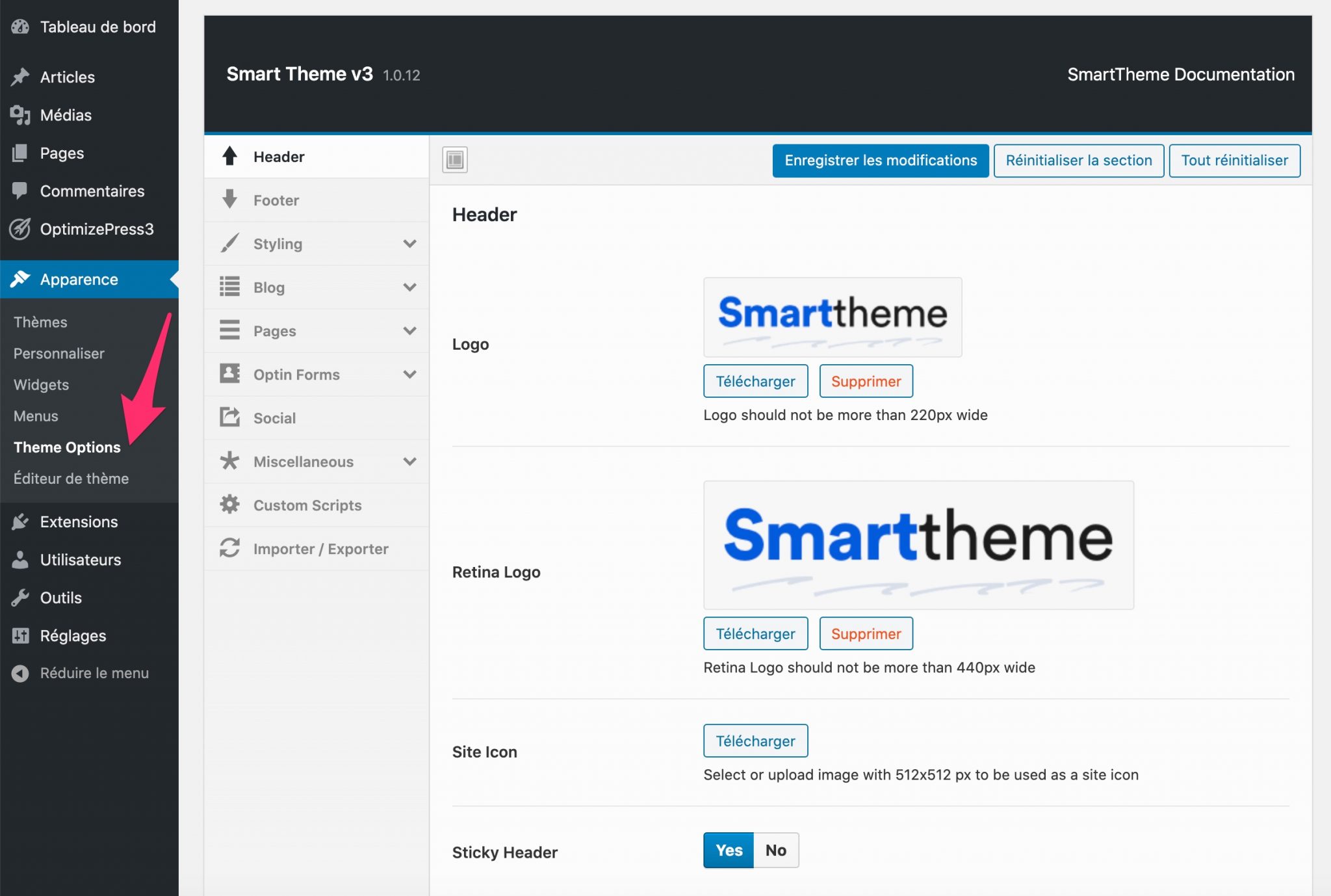 Les options de Smart Theme v3