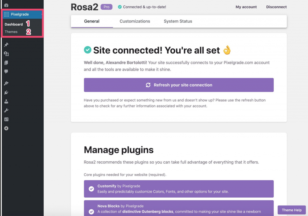 Pixelgrade dashboard in wordpress admin