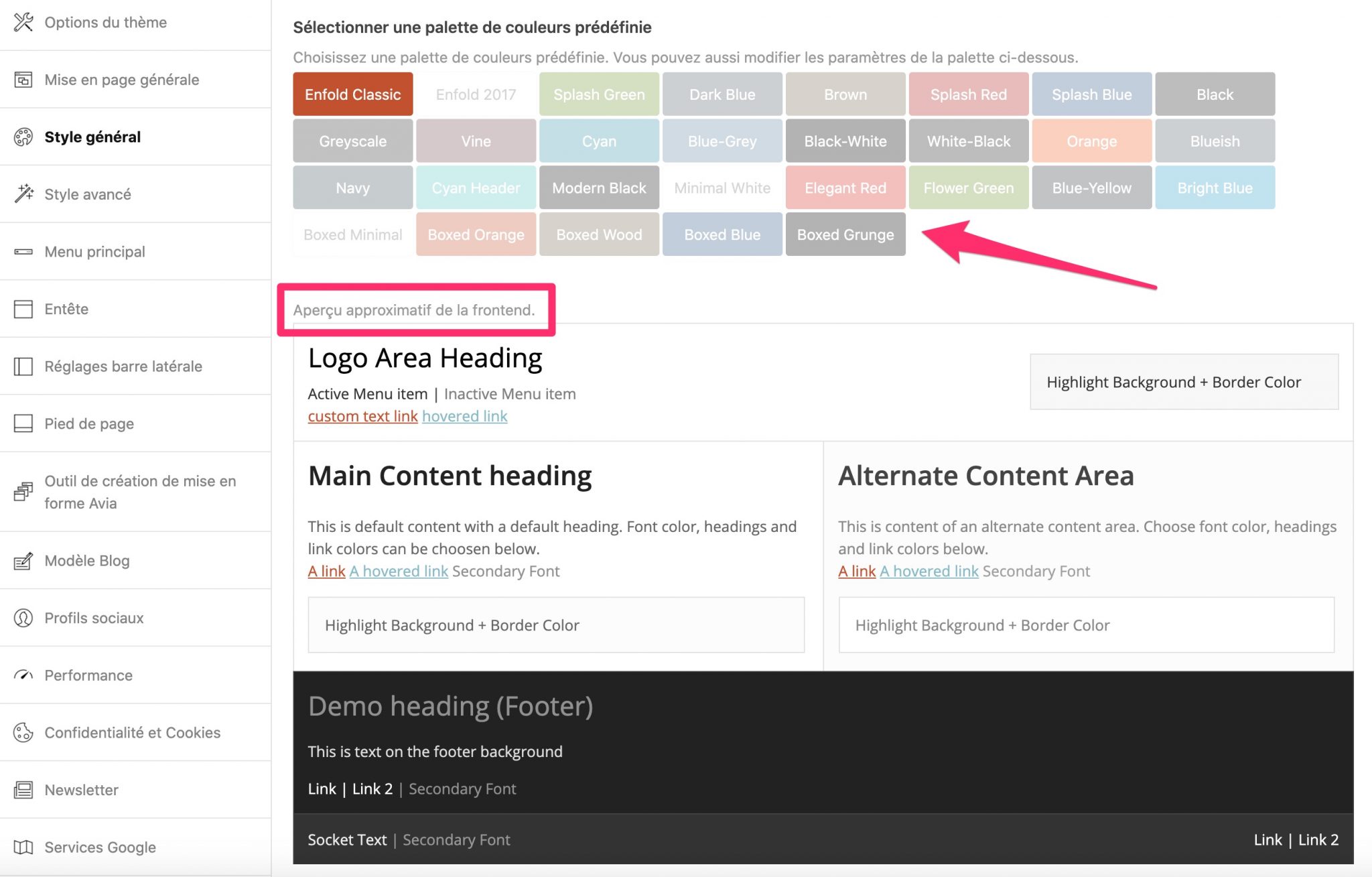 Aperçu des réglages de style d'Enfold