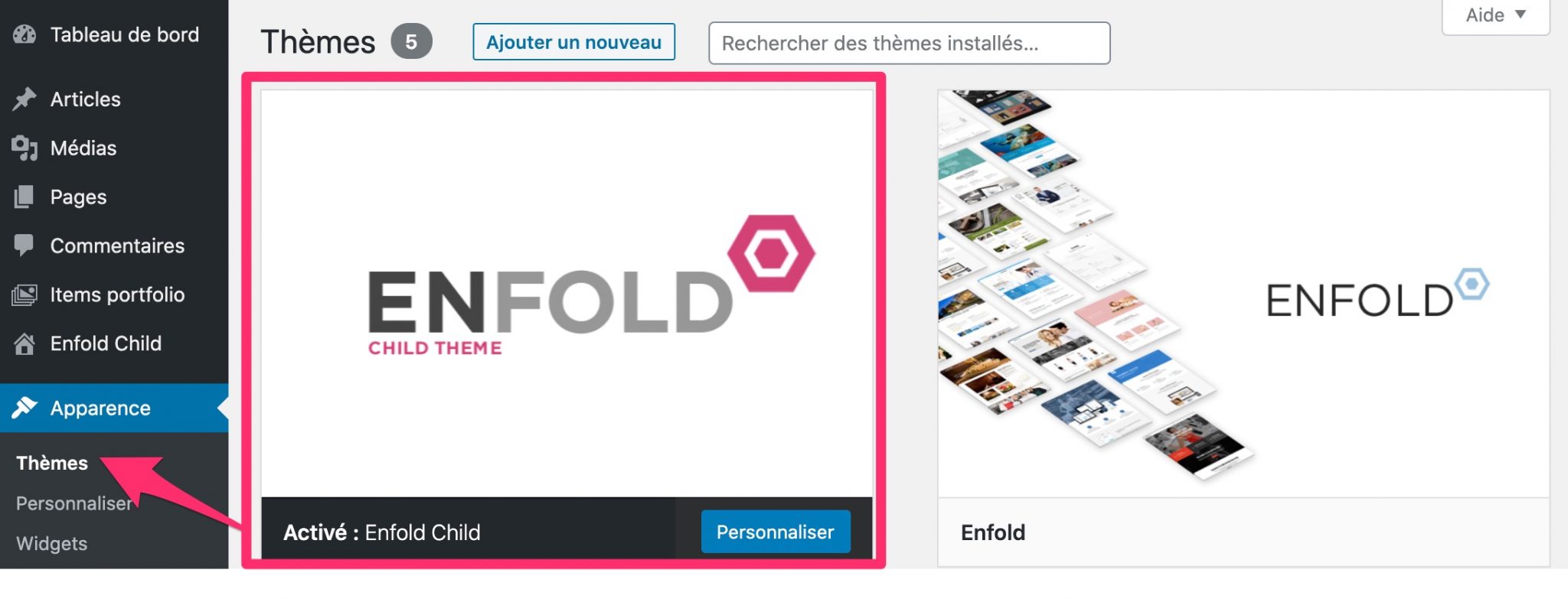 Thème enfant d'Enfold dans le menu de l'admin WordPress
