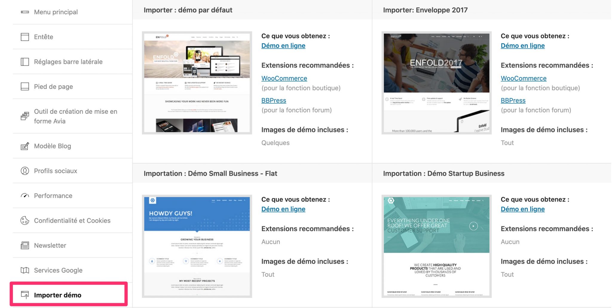 Import d'une démo sur Enfold