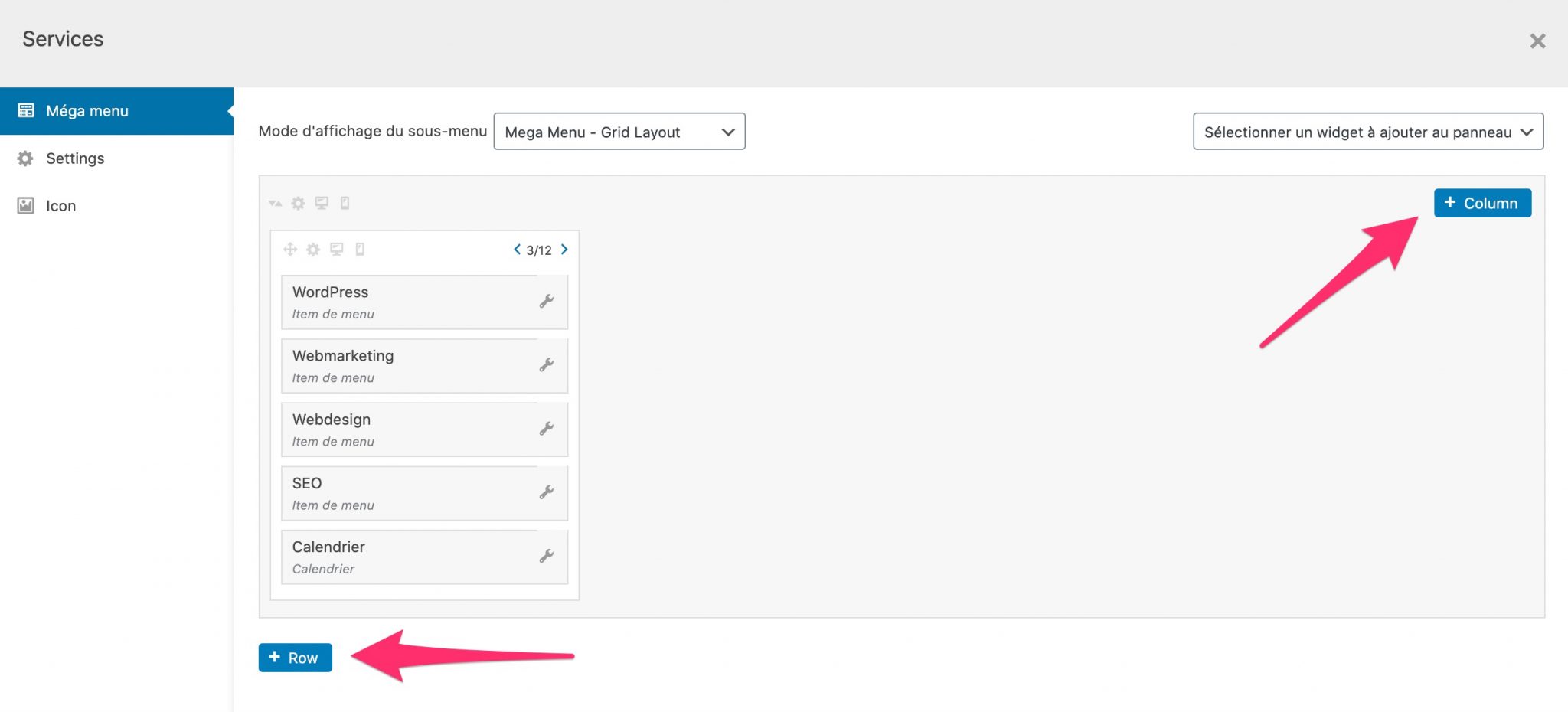 Lignes et colonnes de Max Mega menu