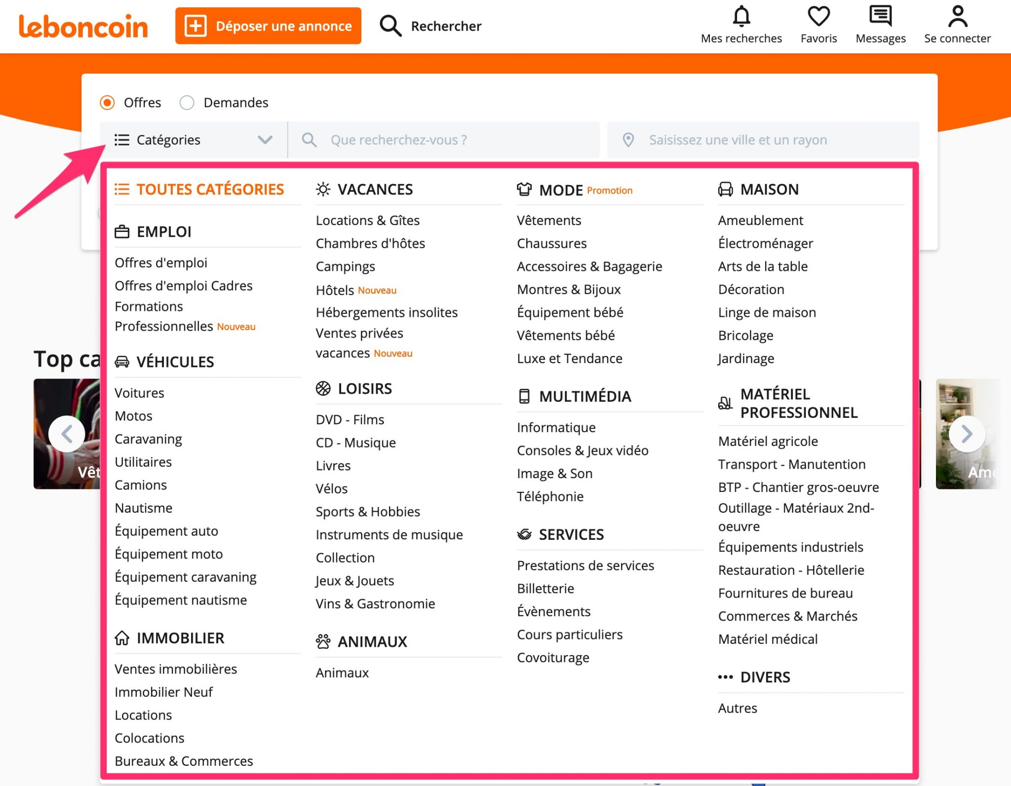 Le mega menu du Bon Coin