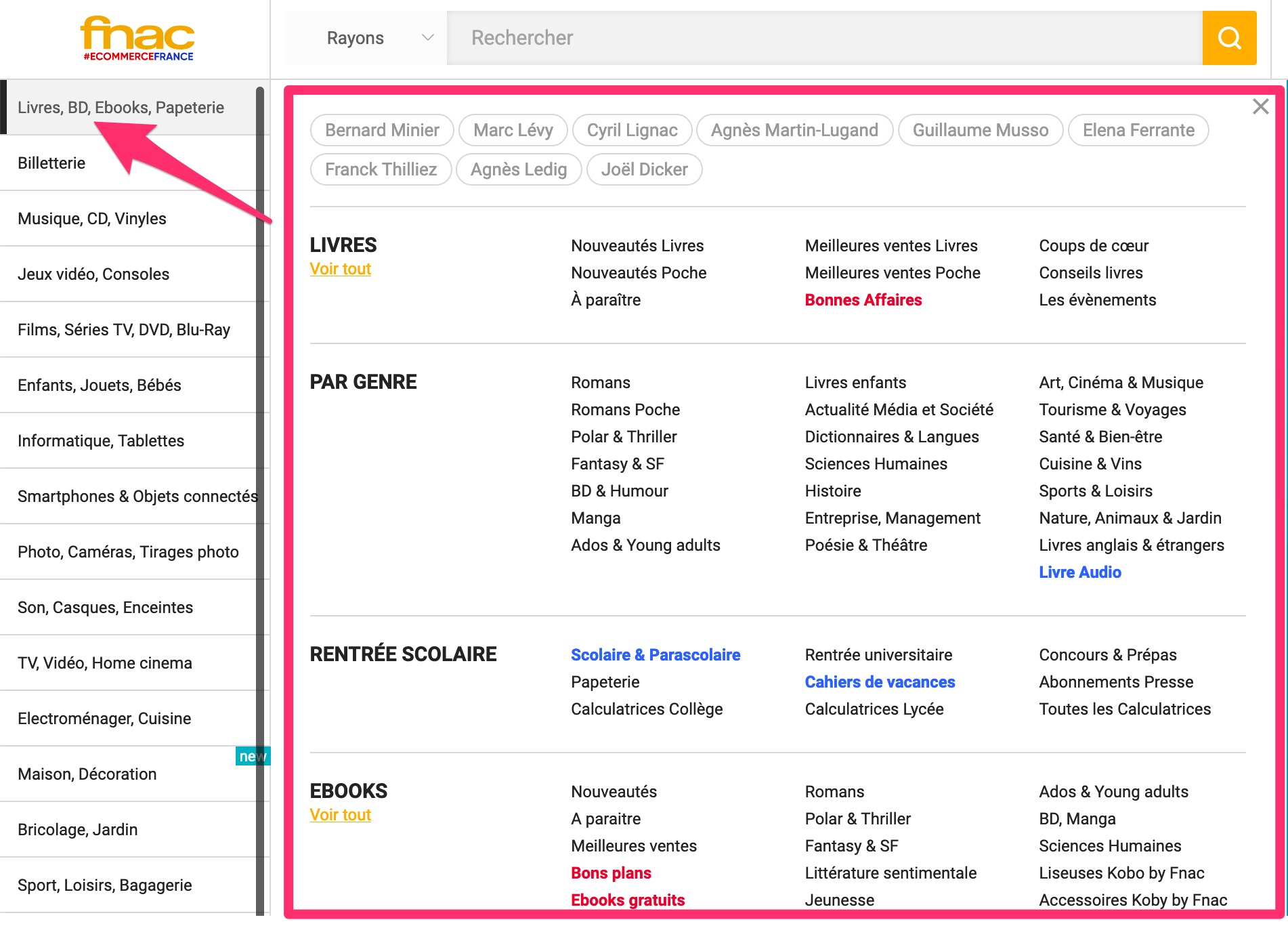 Le mega menu de la Fnac se déclenche au survol de la souris