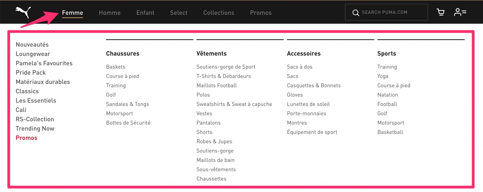 Le mega menu de la marque Puma