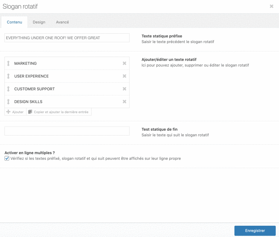 Les onglets des modules de l'Avia Builder