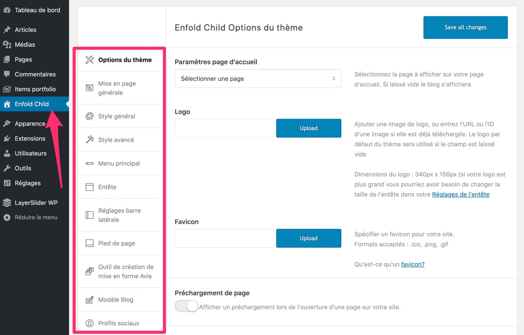 Les options du thème Enfold