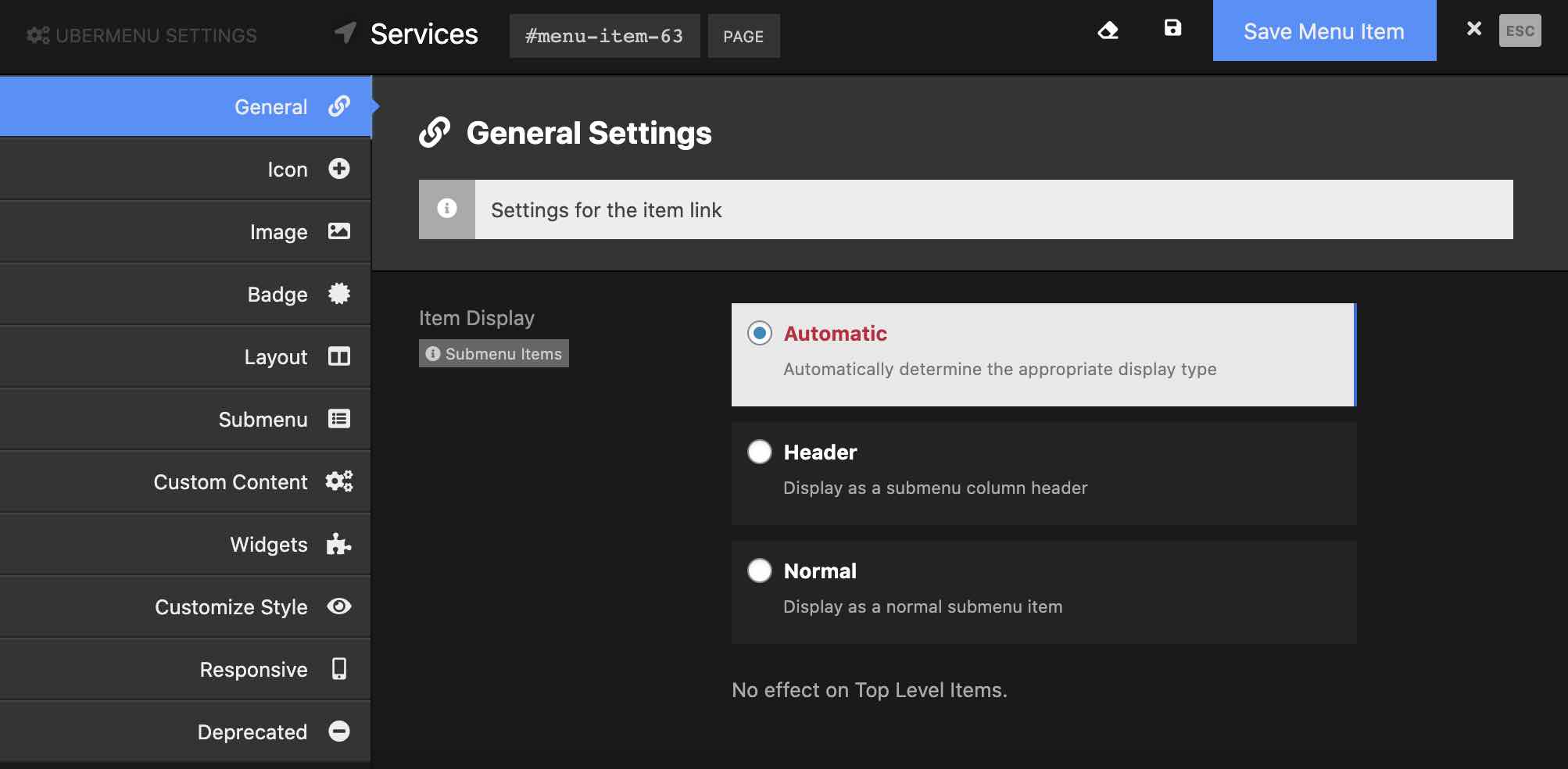 Réglages d'UberMenu