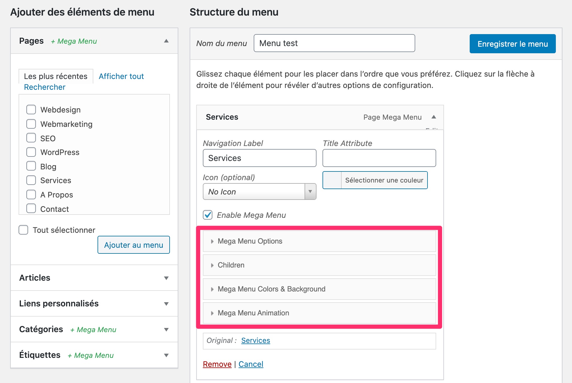 Les options de WP Mega Menu