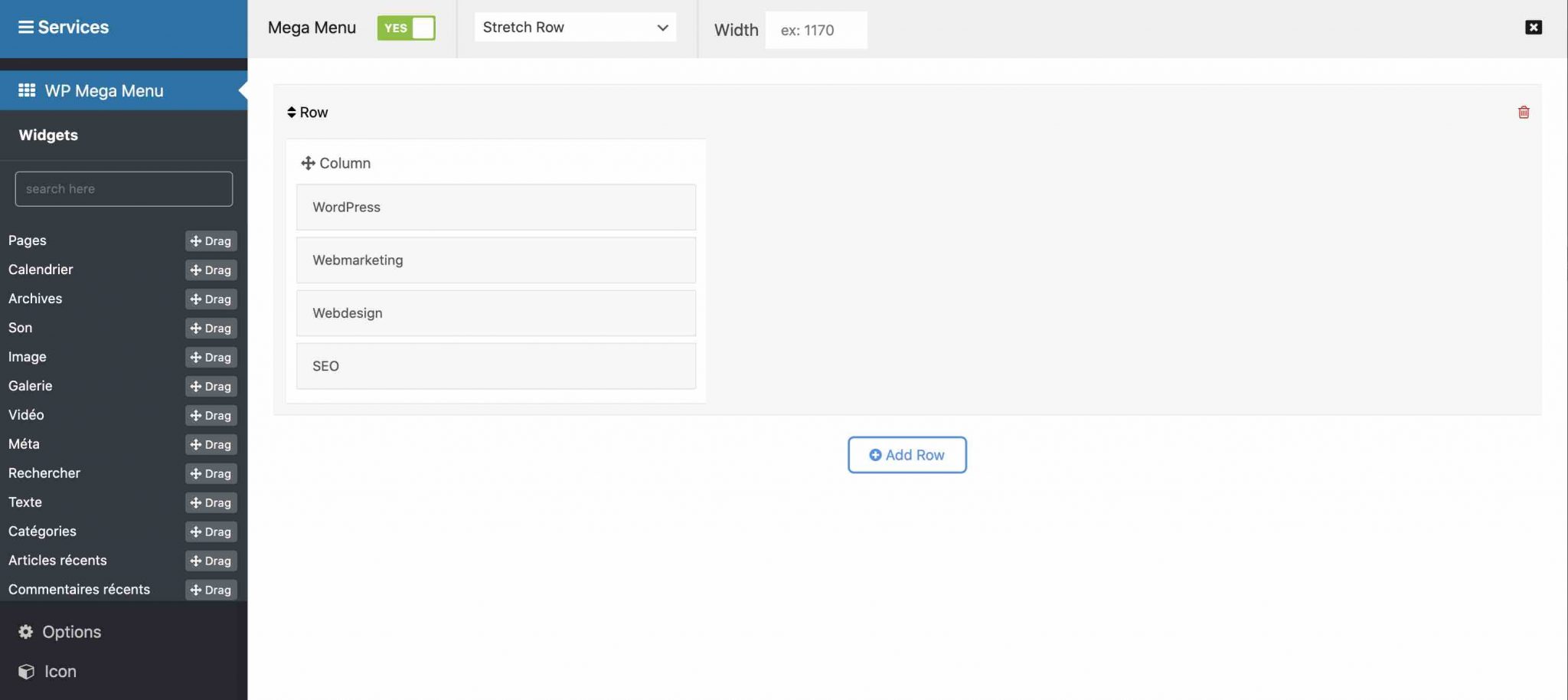 Réglages de l'extension WP Mega Menu