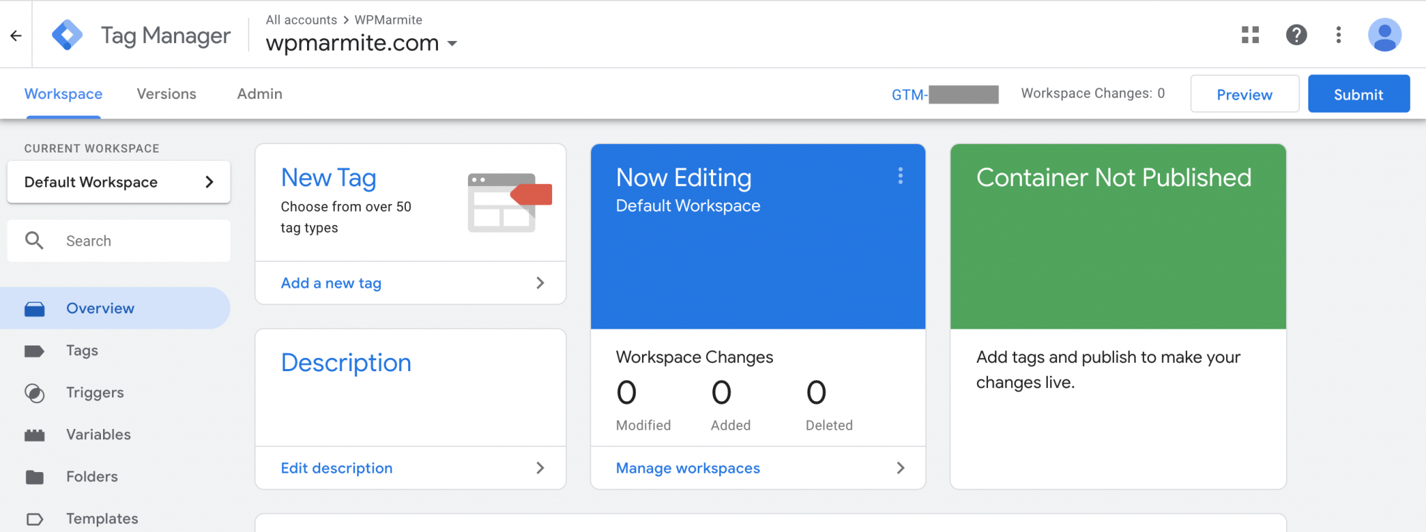 Screenshot of wpmarmite Google Tag Manager dashboard 