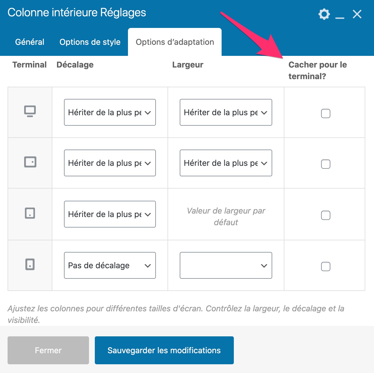 Options du responsive sur Bridge