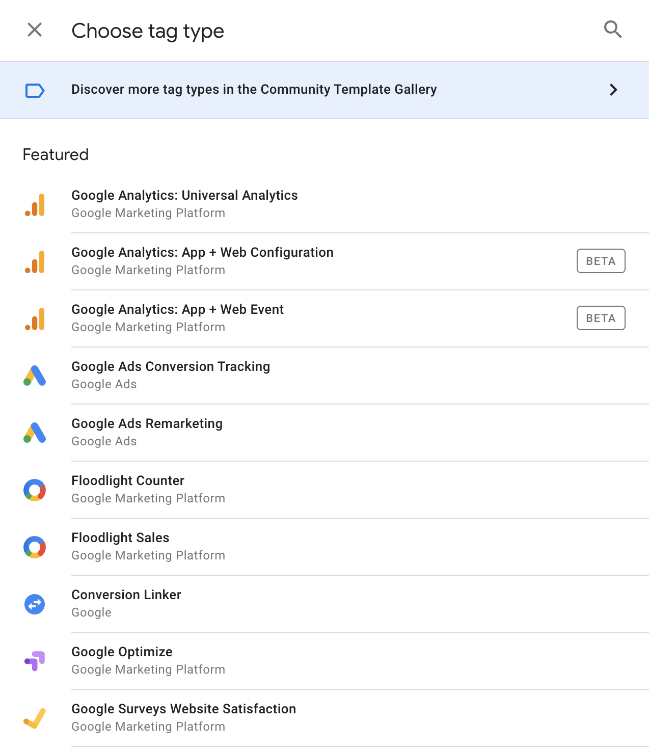 list of tag types to choose from on google tag manager
