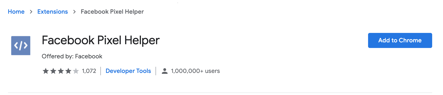 Facebook pixel helper extension on Chrome web store.