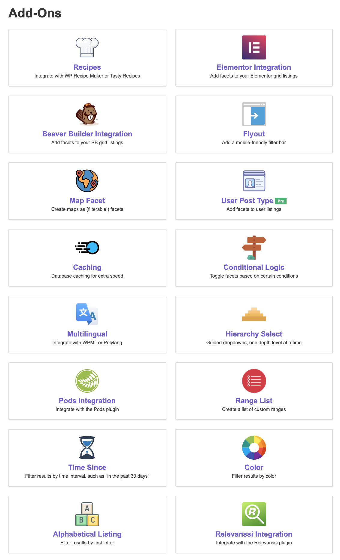 list of add-ons for facetwp plugin