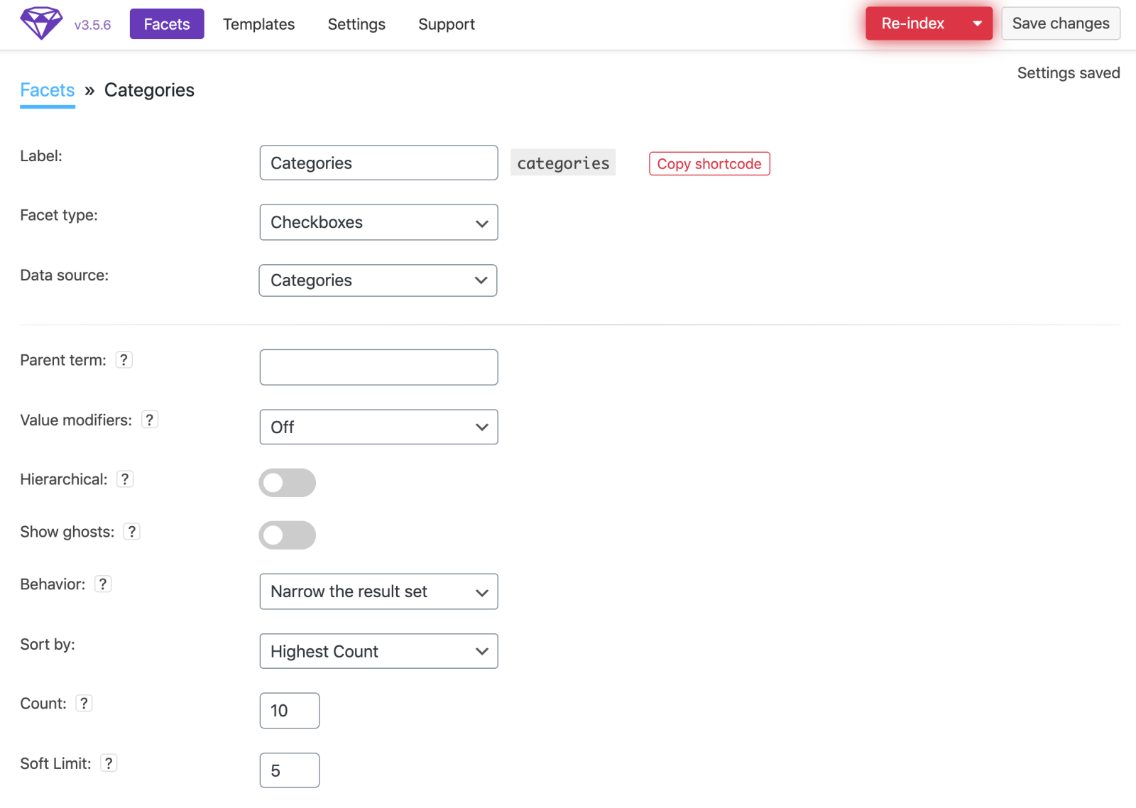 Categories facet on facetWP
