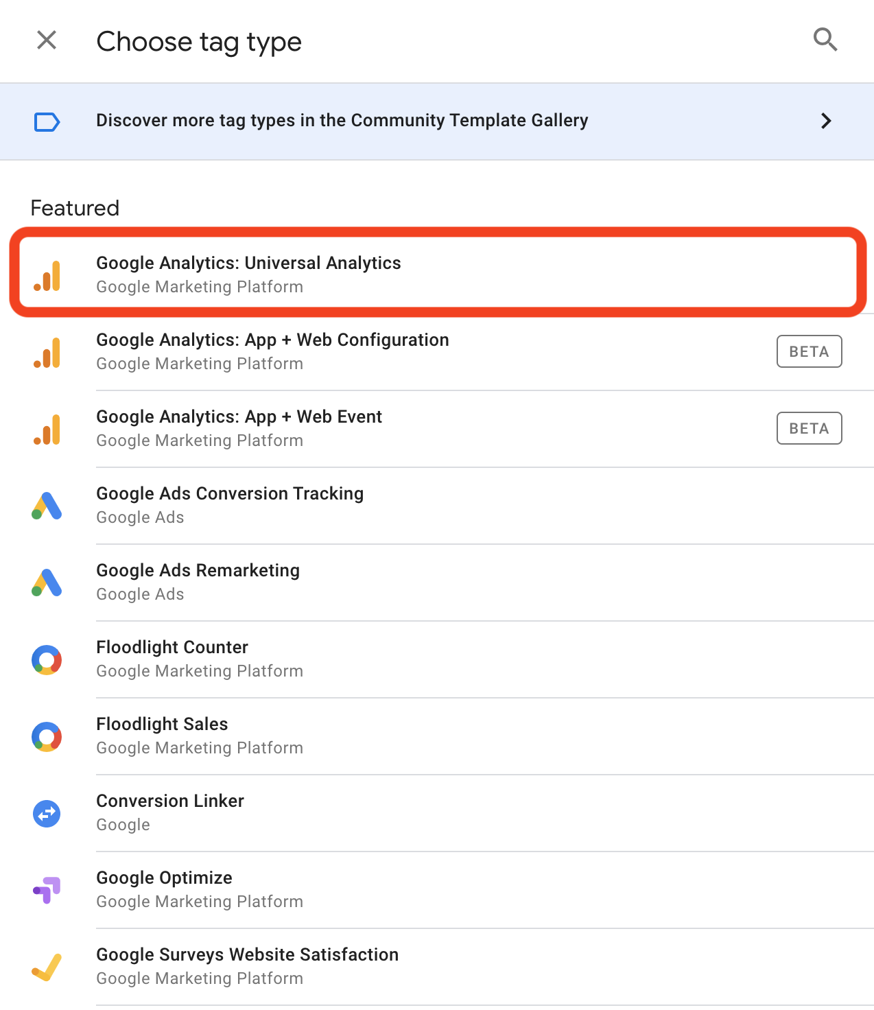 Google Analytics tag type in the list of google tag manager