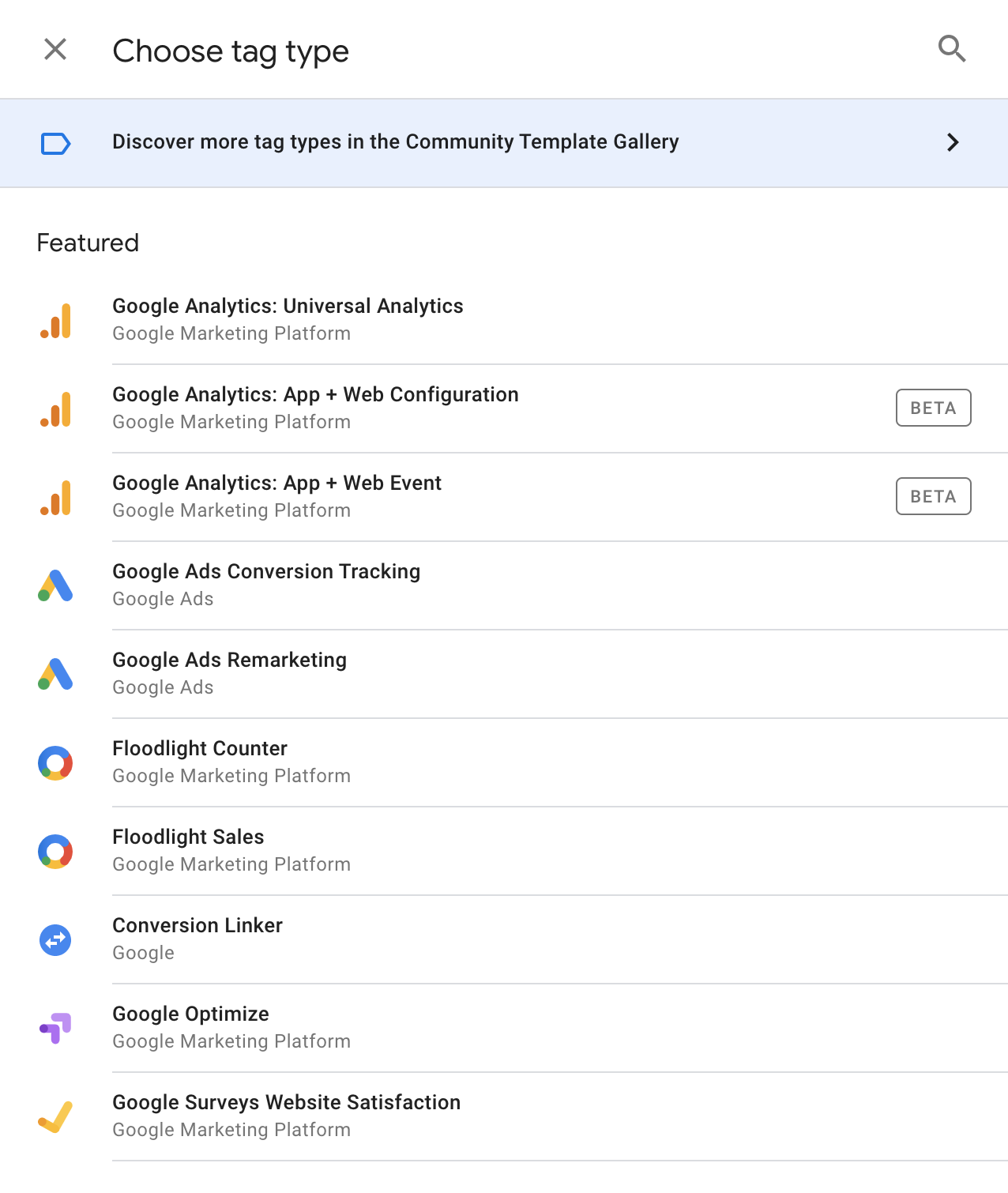 List of tag types to choose from on google tag manager