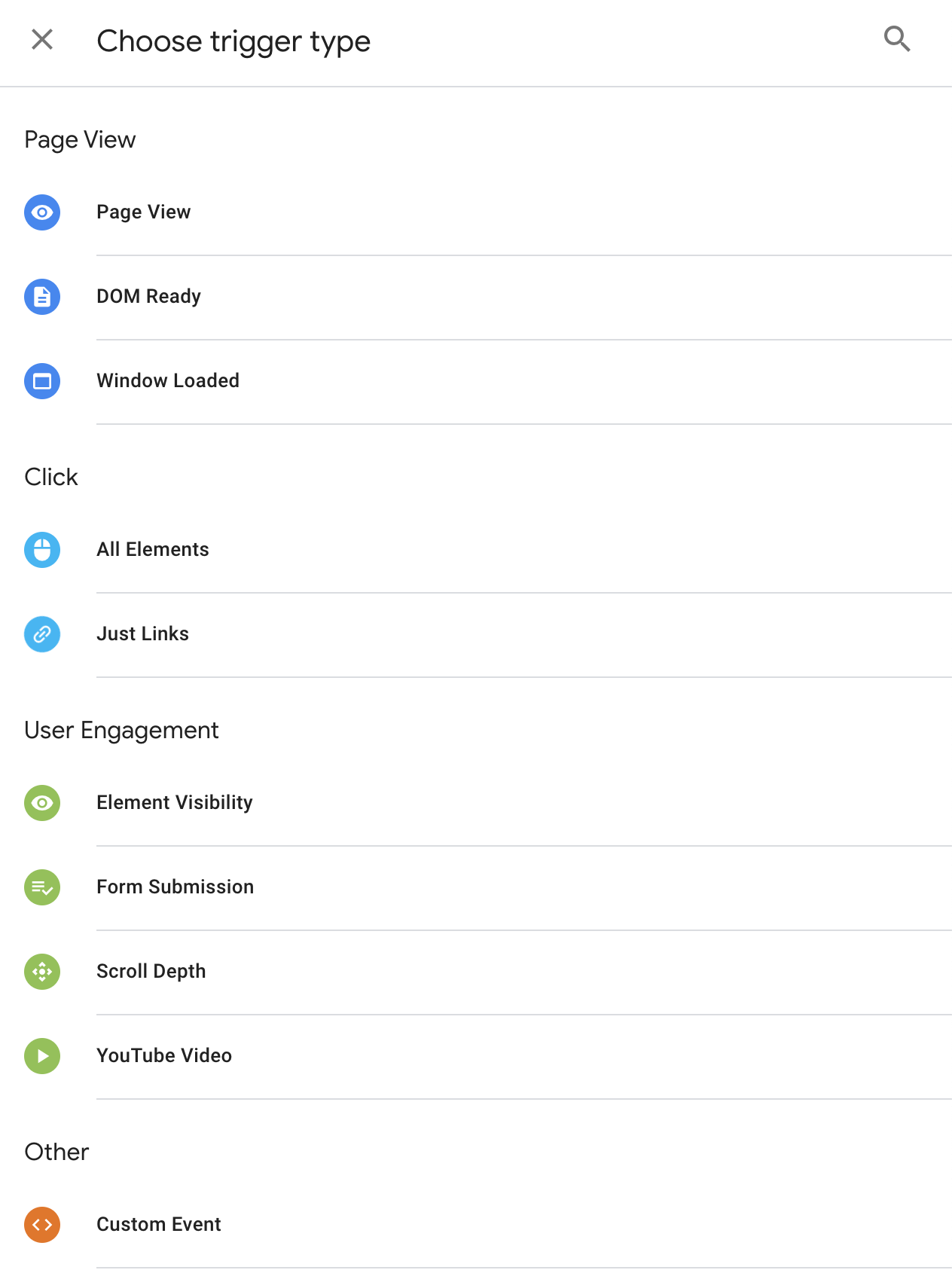 List of trigger types to choose from on google tag manager