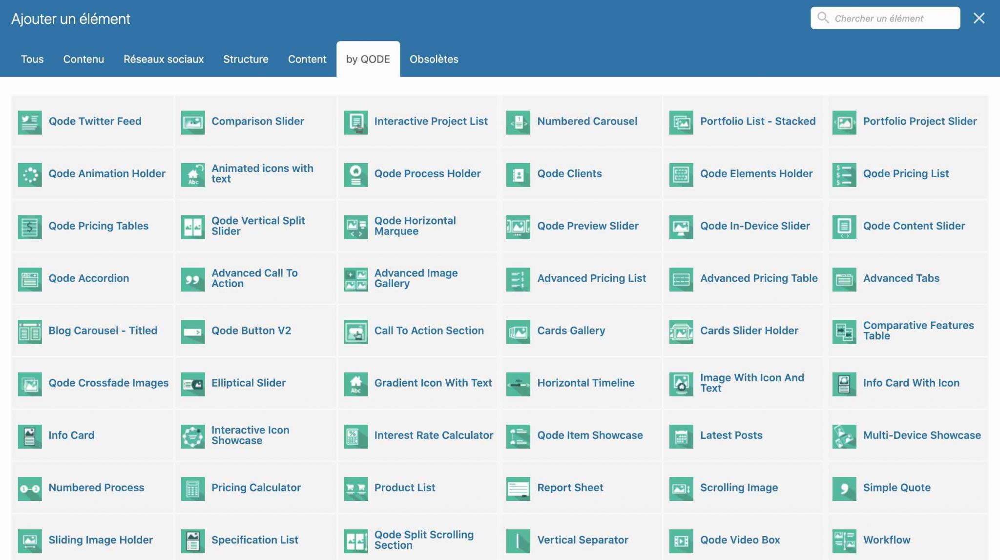 Un extrait des 67 modules exclusifs aux thèmes Qode