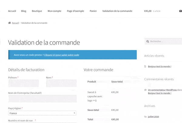 Page de commande WooCommerce par défaut