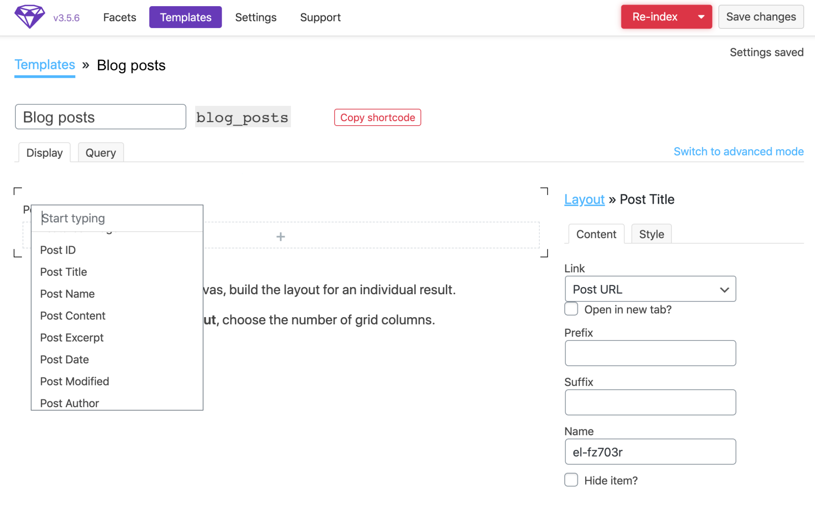 template fields on facetwp