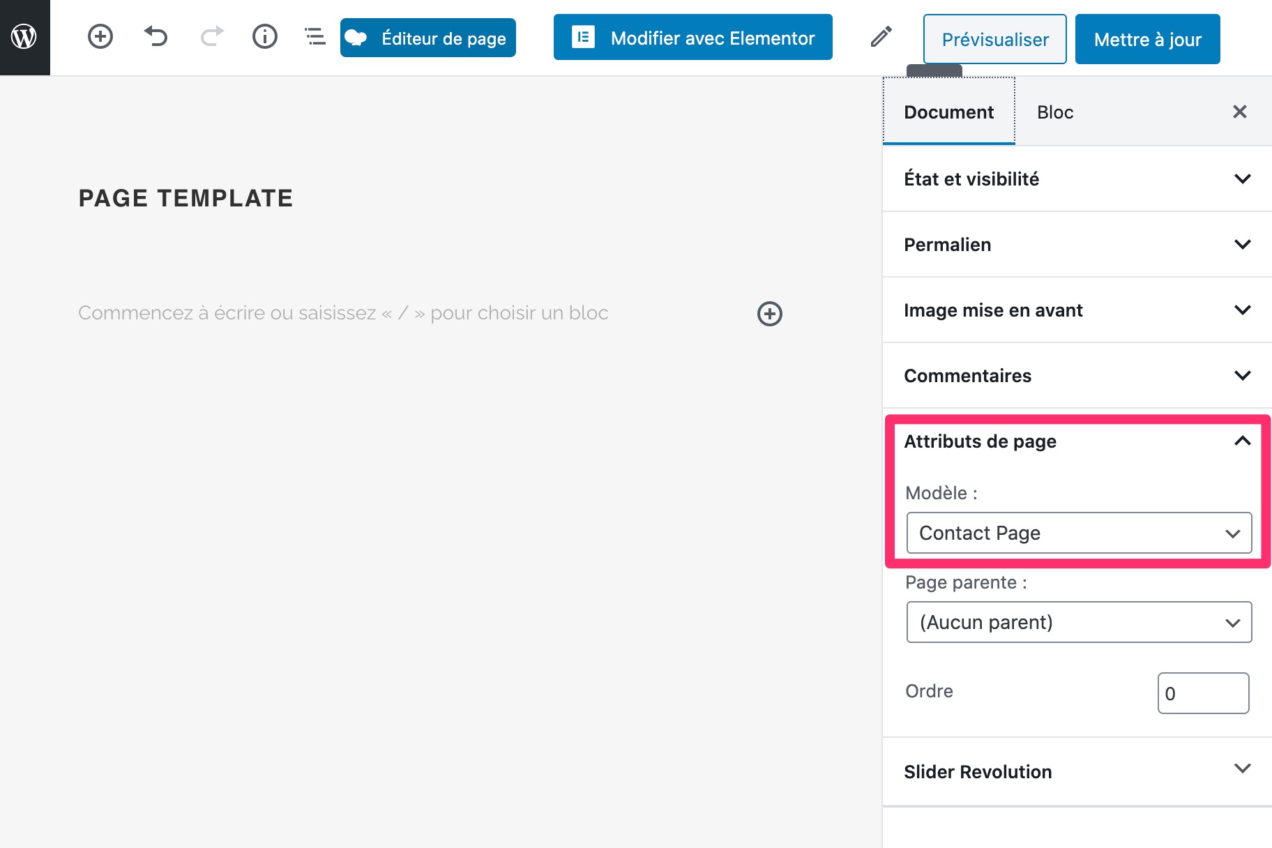 Attributs de page de Gutenberg