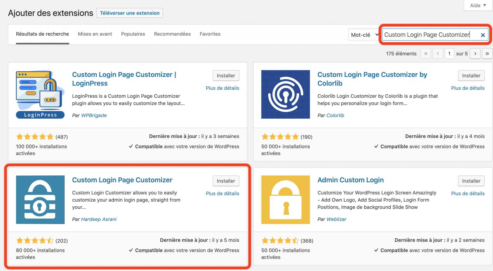 Custom Login Page Customizer dans le répertoire des extensions wordpress