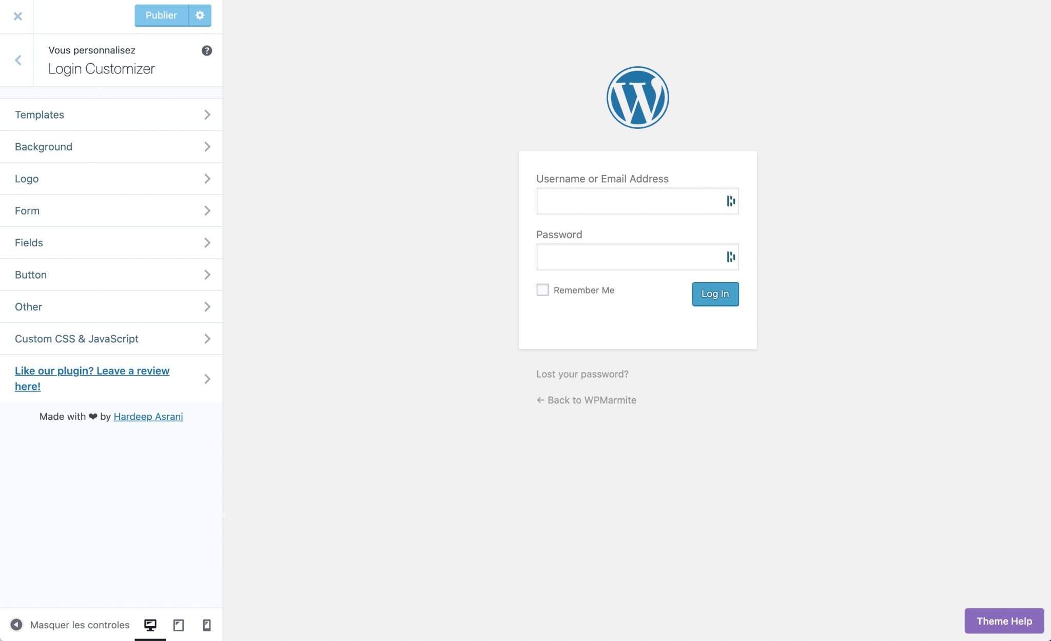 Réglages du plugin Login Customizer sur WordPress