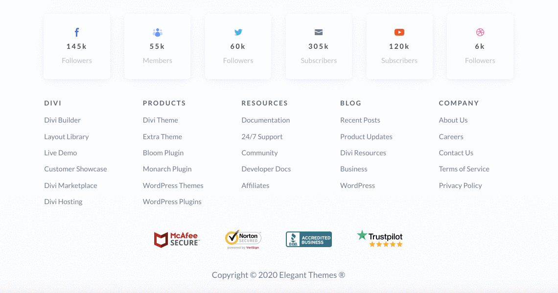 Les effets au survol sur le footer WordPress du site d'Elegant Themes