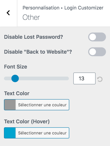 Autres options de l'extension Login Customizer