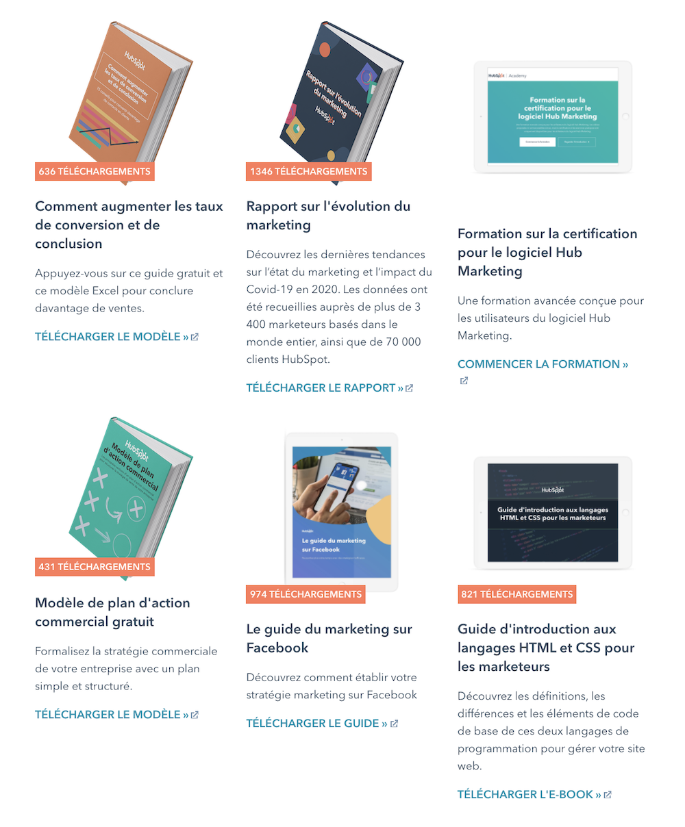 La bibliothèque de lead magnets de HubSpot