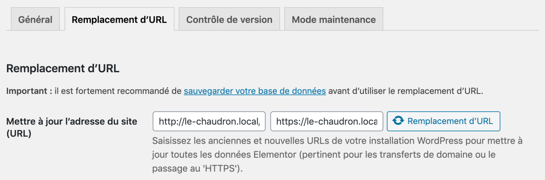 remplacement url elementor