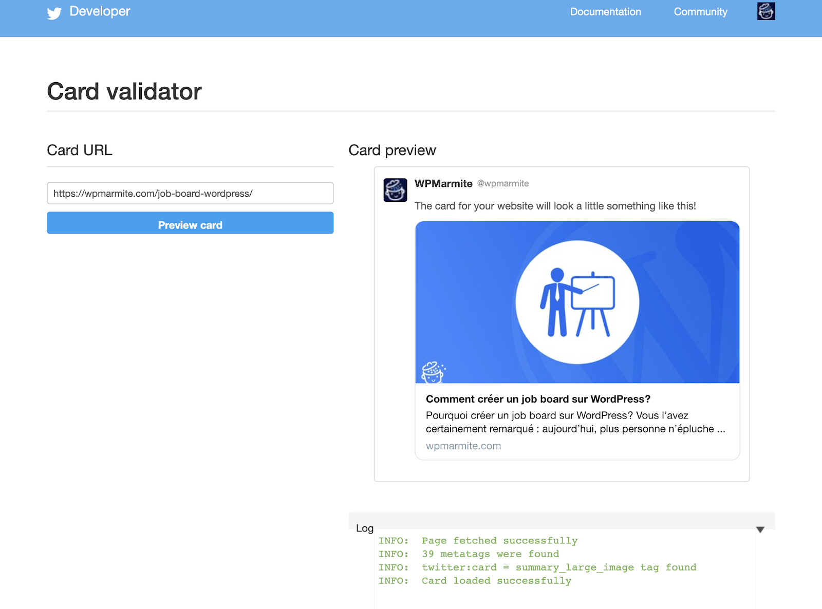 twitter card validator pour vider le cache Twitter