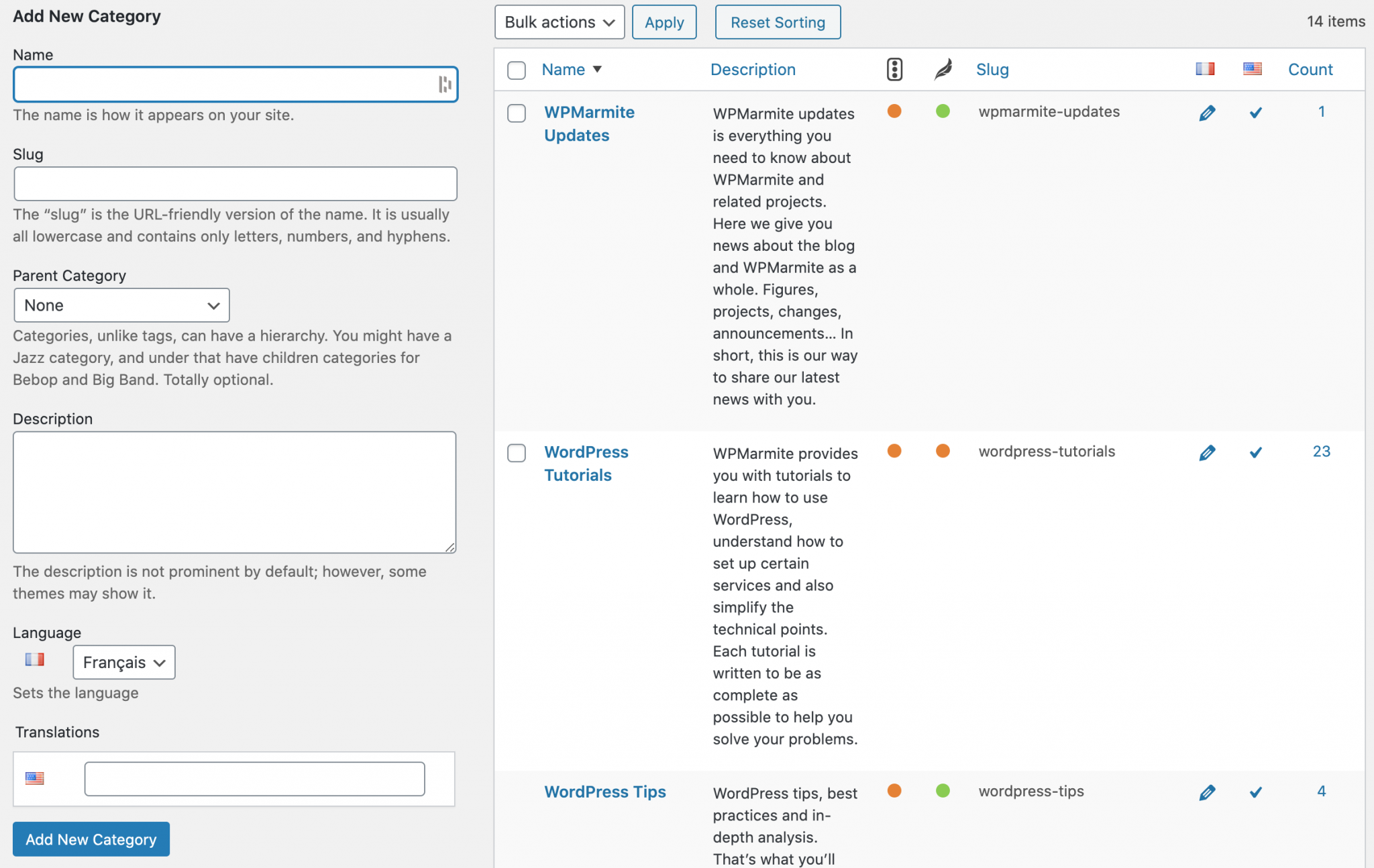 WordPress categories of WPMarmite's blog