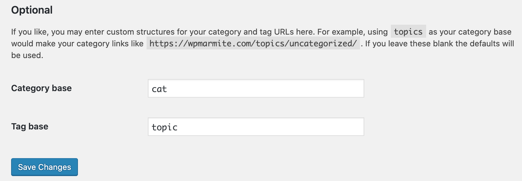 optional settings of wordpress category base