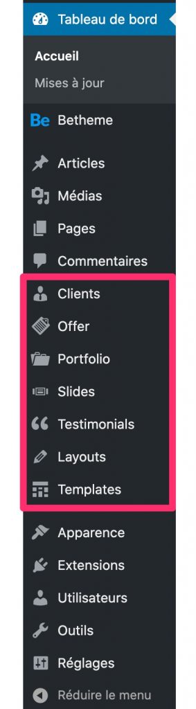 Custom post types BeTheme sur le Tableau de bord