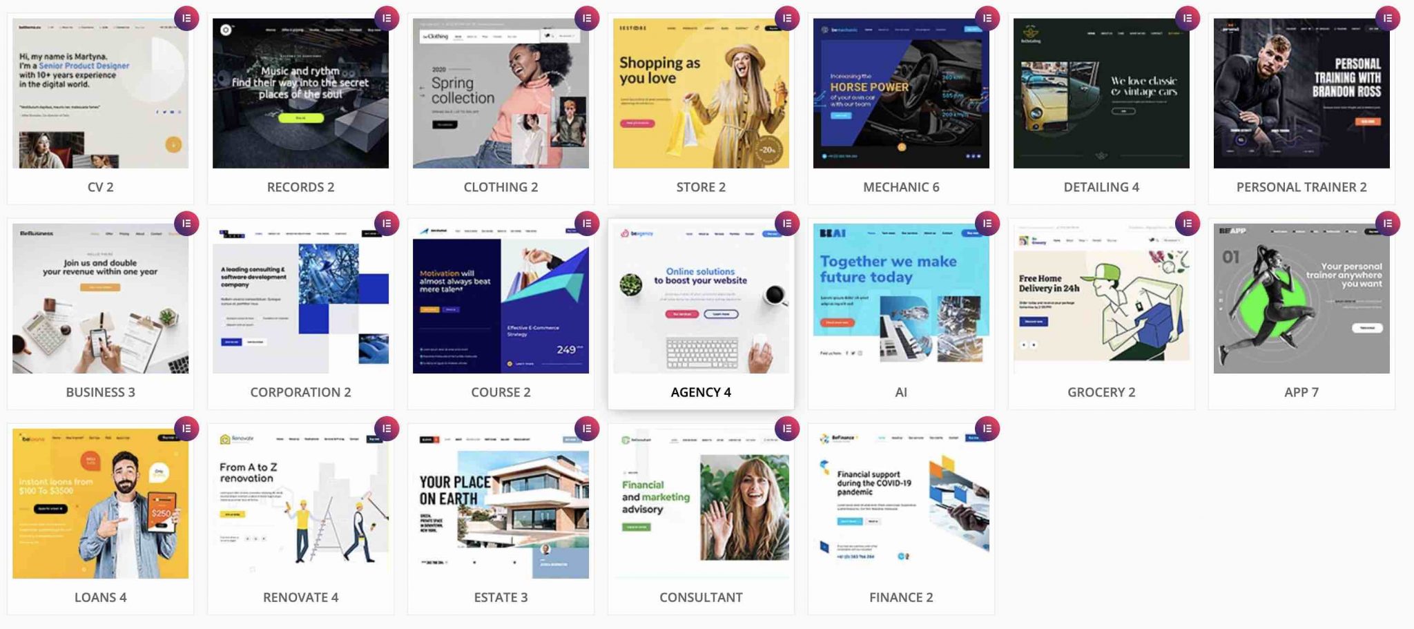 Démos d'Elementor sur le Muffin Builder.