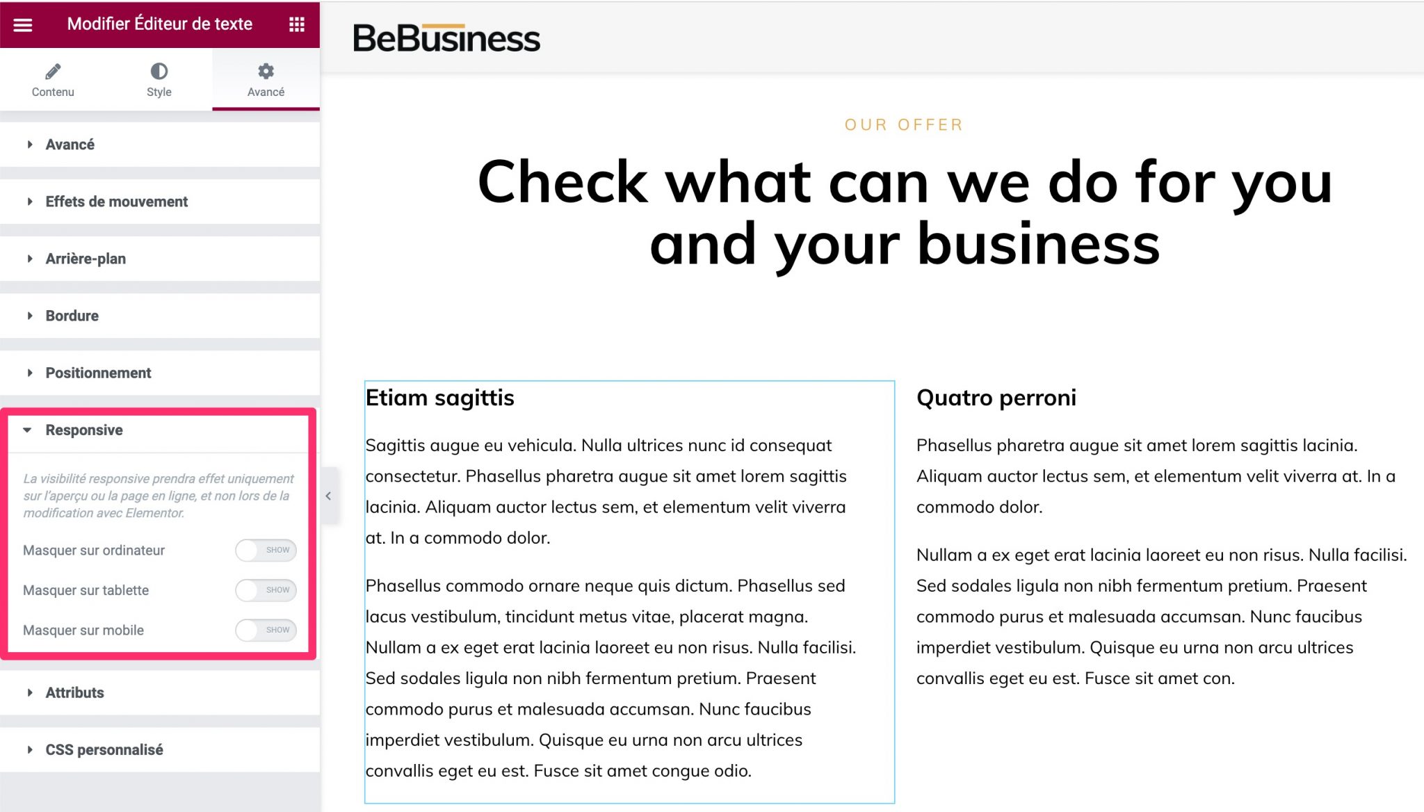 Responsive settings on Elementor for BeTheme
