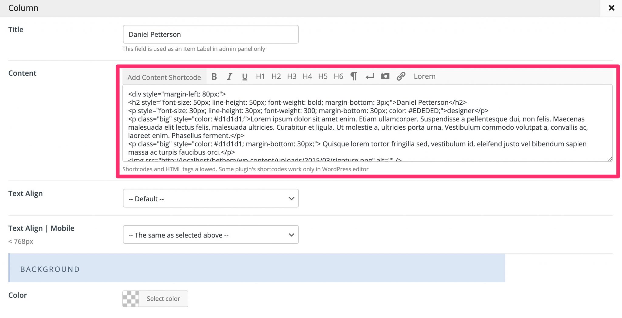 HTML of content shortcode on Muffin Builder