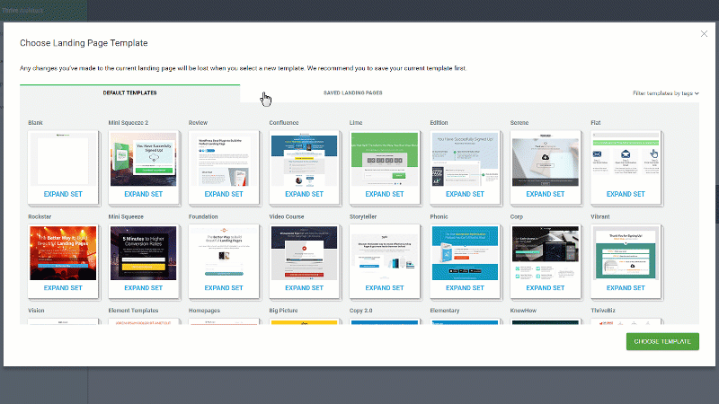 landing page templates choices in Thrive Architect