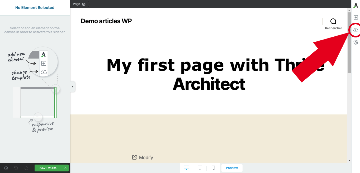 cloud icon on page creation in Thrive Architect