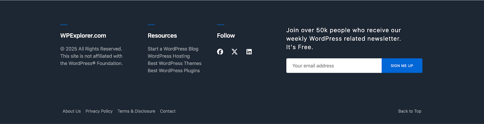 Le footer WordPress du site WP Explorer