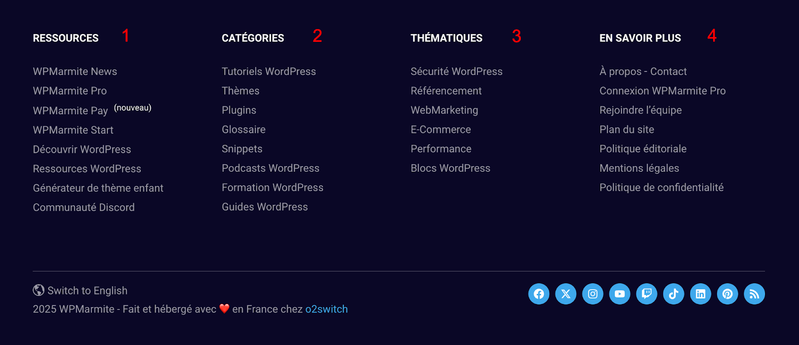 Les sections du pied de page de WPMarmite