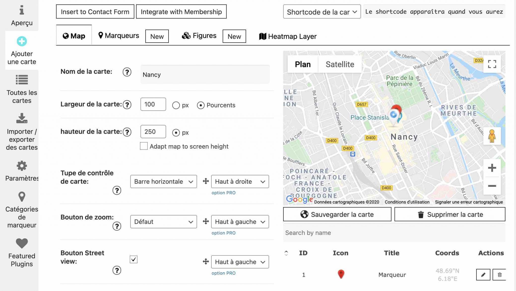Interface de l'extension Google Maps Easy