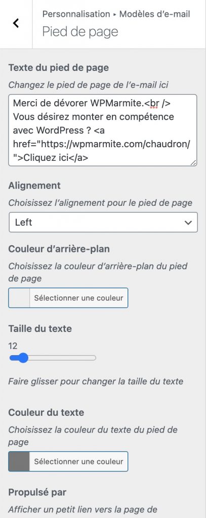 Réglages pied de page avec Email Templates