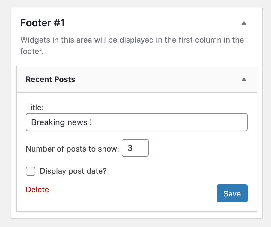 Recent posts widget settings in the footer area on WordPress