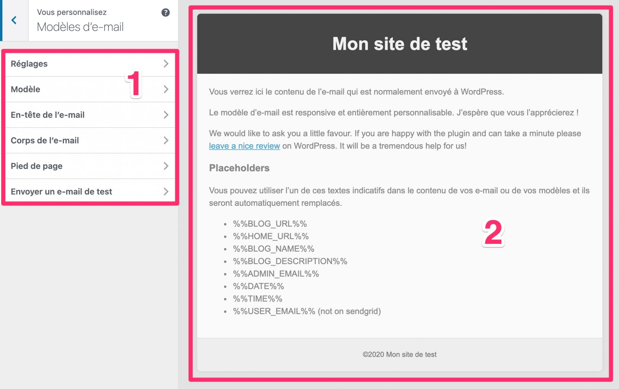 Réglages d'Email Templates