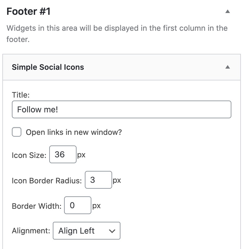 Simple social icons widget settings in the footer area on WordPress
