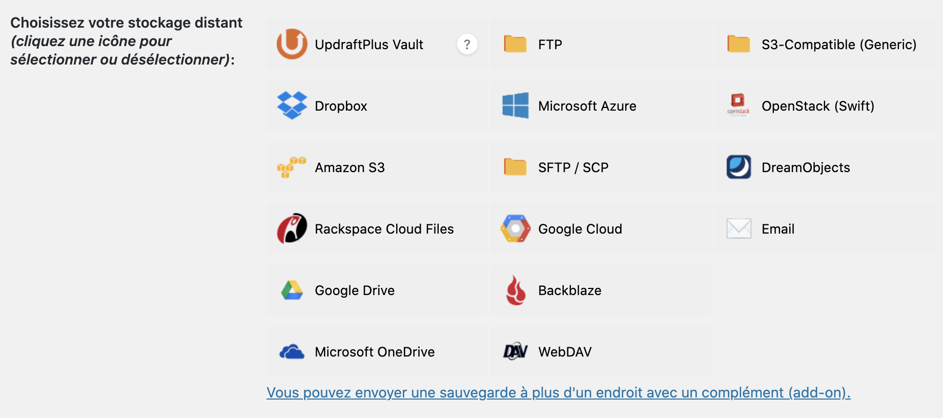 Espaces de stockage distants disponibles dans UpdraftPlus.